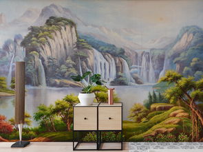 山水连天纯手绘艺术油画背景壁画图片素材 效果图下载 油画 立体油画电视背景墙图大全 电视背景墙编号 17396311