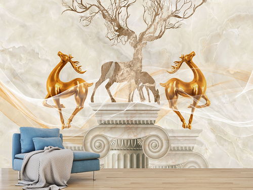 现代精品大理石纹3d立体鹿客厅背景墙壁画图片素材 效果图下载