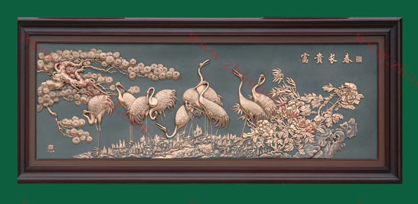 彩色铜雕增风韵大型紫铜浮雕画酒店大堂壁画山水花鸟画定制～惠风堂铜