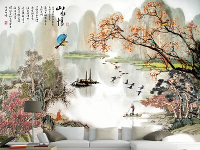 中式山水情水墨山水忆江南背景墙壁画
