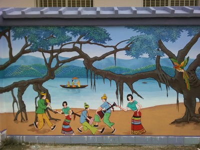 云南傣族文化墙体彩绘德宏西双版纳傣族墙绘壁画墙画