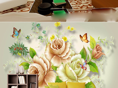 欧式手绘花朵电视背景墙画壁纸素材