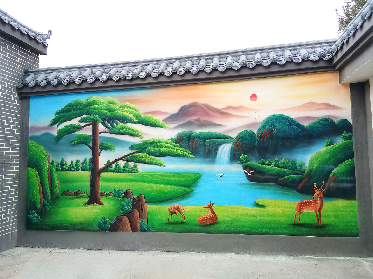 别墅墙绘油画风景迎客松儿时记忆童趣