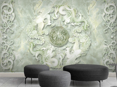 龙凤呈祥玉雕浮雕3D电视背景墙壁画