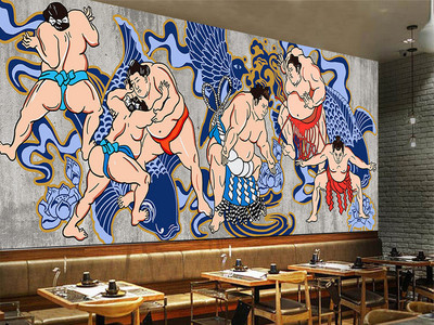 复古手绘相扑武士水泥墙日式餐厅壁画背景墙
