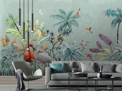 中世纪手绘热带雨林花鸟背景墙壁画