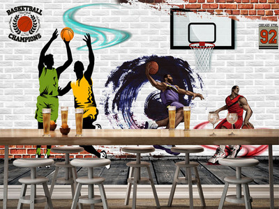 街头篮球赛砖墙阴影壁画背景墙