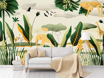 北欧现代手绘热带雨林植物动物背景墙壁画