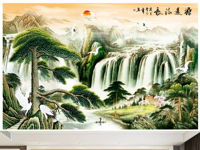 中式流水生财源远流长山水画电视背景墙