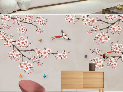 新中式桃花花鸟蝴蝶客厅电视背景墙墙画墙纸