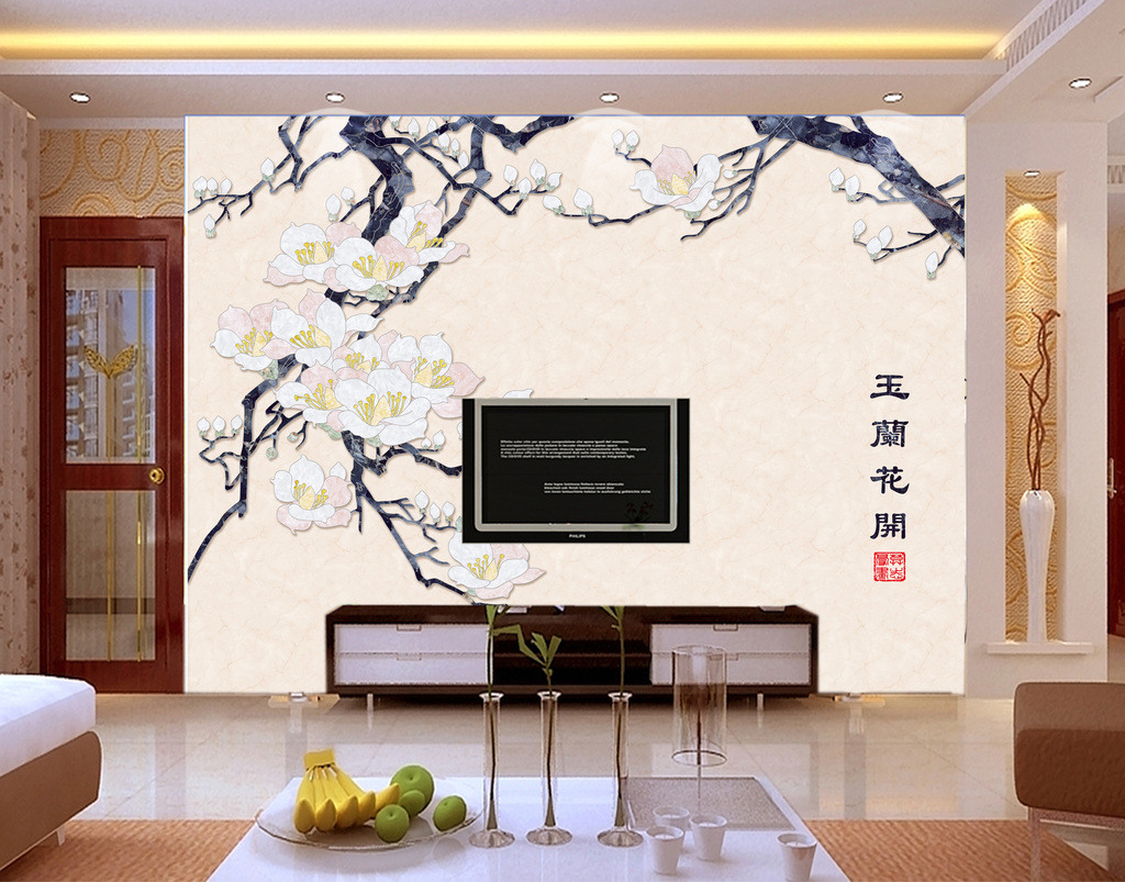 玉兰花开大理石纹水刀拼花电视背景墙壁画 艺术与自然的融合